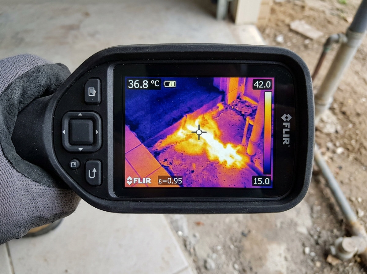 Thermal imaging diagnostic camera identifying hot water line leak under slab in Doral FL
