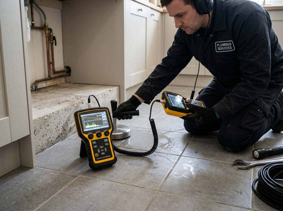 Plumbing technician compiling technical slab leak insurance documentation and report in Doral FL